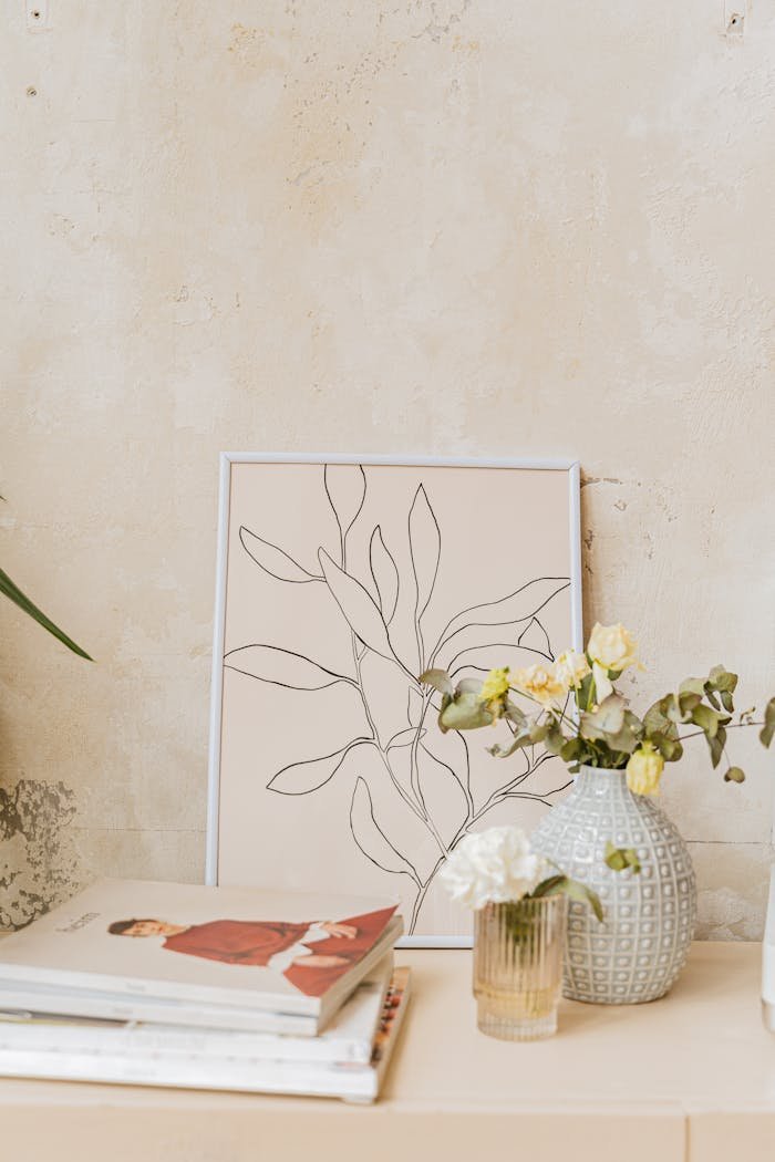 A minimalist interior featuring art and a floral vase on a table.